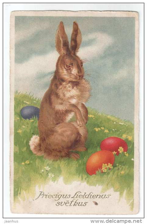 Easter Greeting Card - hare - eggs - BR 7794 - old postcard - sent from Latvia to Estonia 1928 Tallinn - used - JH Postcards