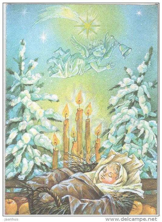 New Year Greeting card by Vera Stanishevskaya - baby - cradle - angel - 1990 - Estonia USSR - used - JH Postcards