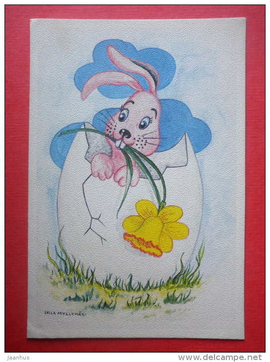 Easter Greeting Card by Leila Myllymäki - I- hare - egg - daffodil - Finland - circulated in Finland - JH Postcards