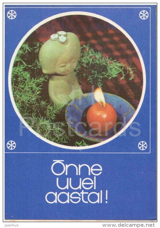 New Year Greeting card - 1 - red candle - statue of woman - 1977 - Estonia USSR - used - JH Postcards