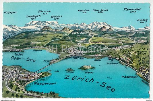 Zurich-See - Rapperswil - Ober-See - Wadenswil - Pfaffikon - map - 287 - Switzerland - unused - JH Postcards