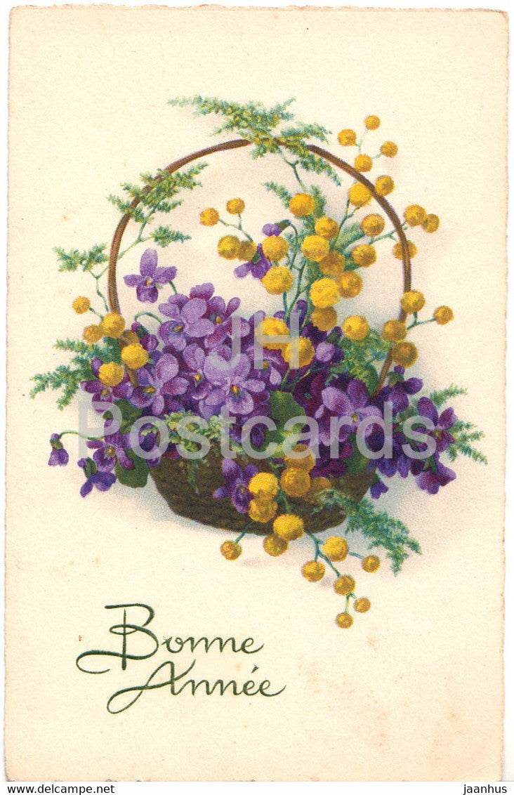 Birthday Greeting Card - Bonne Annee - yellow and blue flowers - 2783 - illustration - old postcard - 1928 France - used - JH Postcards