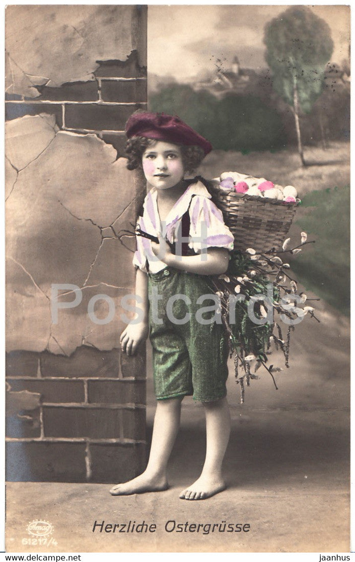 Easter Greeting Card - Herzliche Ostergrusse - boy - eggs - basket - Amag 61217/4 - old postcard - 1918  Germany - used - JH Postcards