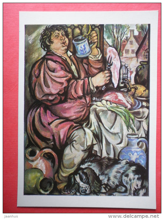 Lamme drinking beer - dog - The Legend of Thyl Ulenspiegel and Lamme Goedzak by de Coster - 1975 - Russia USSR - unused - JH Postcards