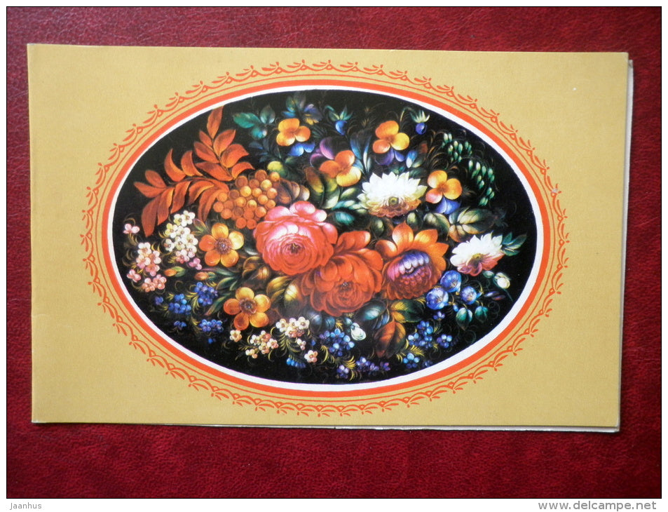 Greeting Card - by V. Voronina - tray with decorative painting - flowers - 1977 - Russia USSR - used - JH Postcards