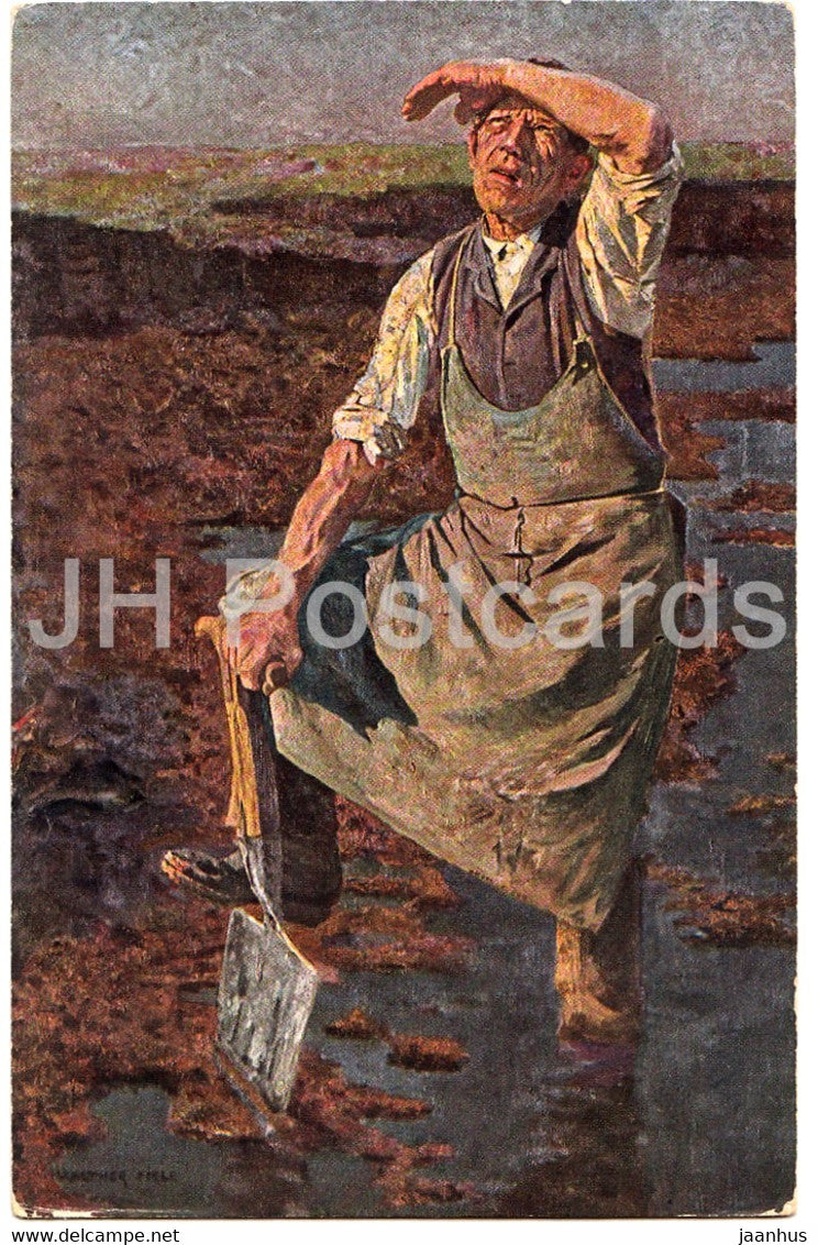 painting by Walter Firle - Torfstecher - Peat - Munchener Kunstlerkarte - German art - old postcard - Germany - unused - JH Postcards