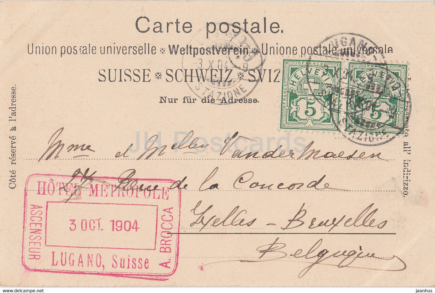 Un saluto da Lugano - hotel Metropole - 80 - old postcard - 1904 - Switzerland - used