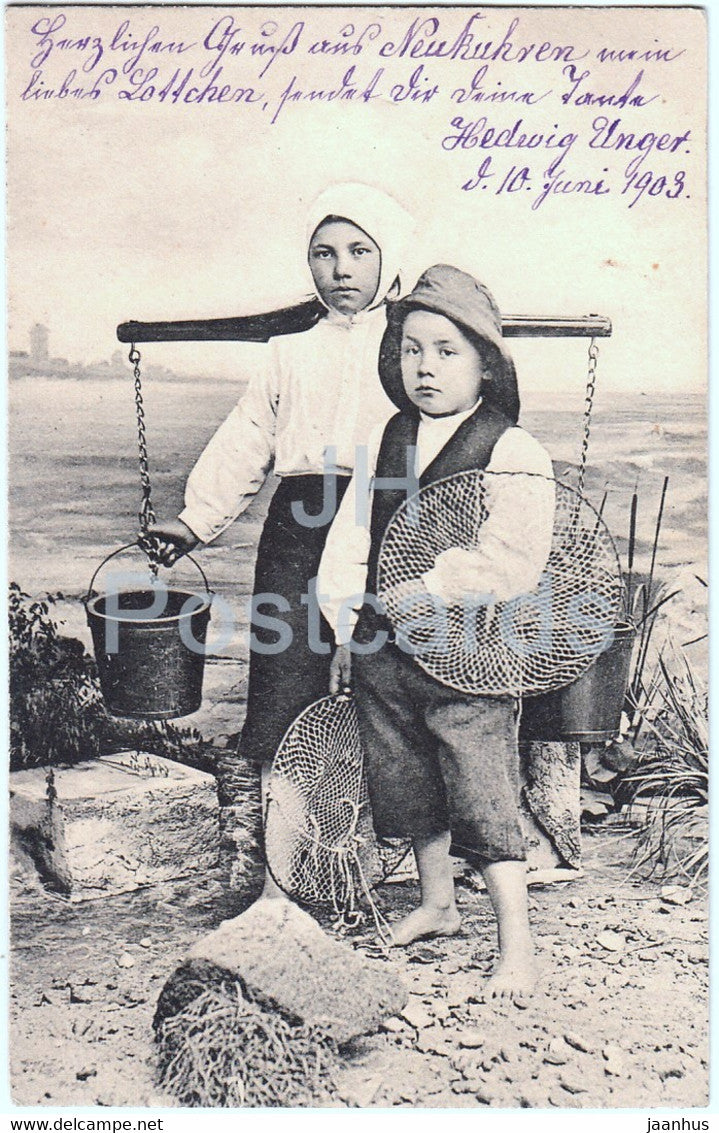 Gruss aus Neukuhren boy and girl - children - folk costumes - fisher - Konigsberg - old postcard - 1903 - Germany - used - JH Postcards