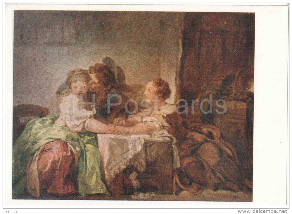 painting by Jean Honoré Fragonard - Snatched Kiss - boy - girls - french art - unused - JH Postcards