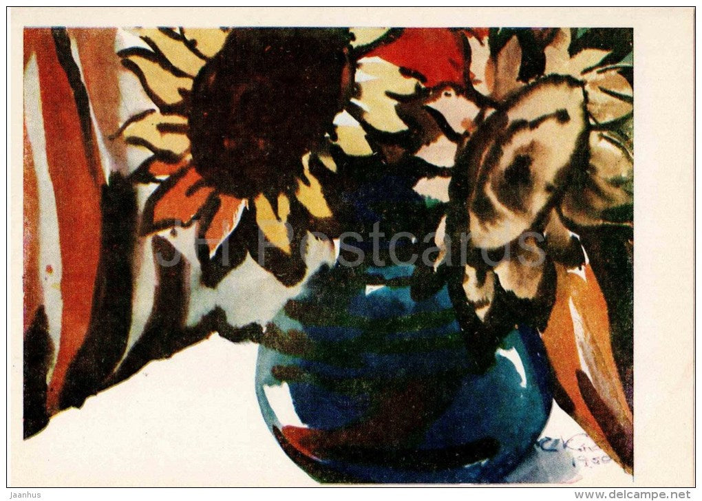 painting by J. Knavina - Sunflower , 1960 - vase - latvian art - unused - JH Postcards