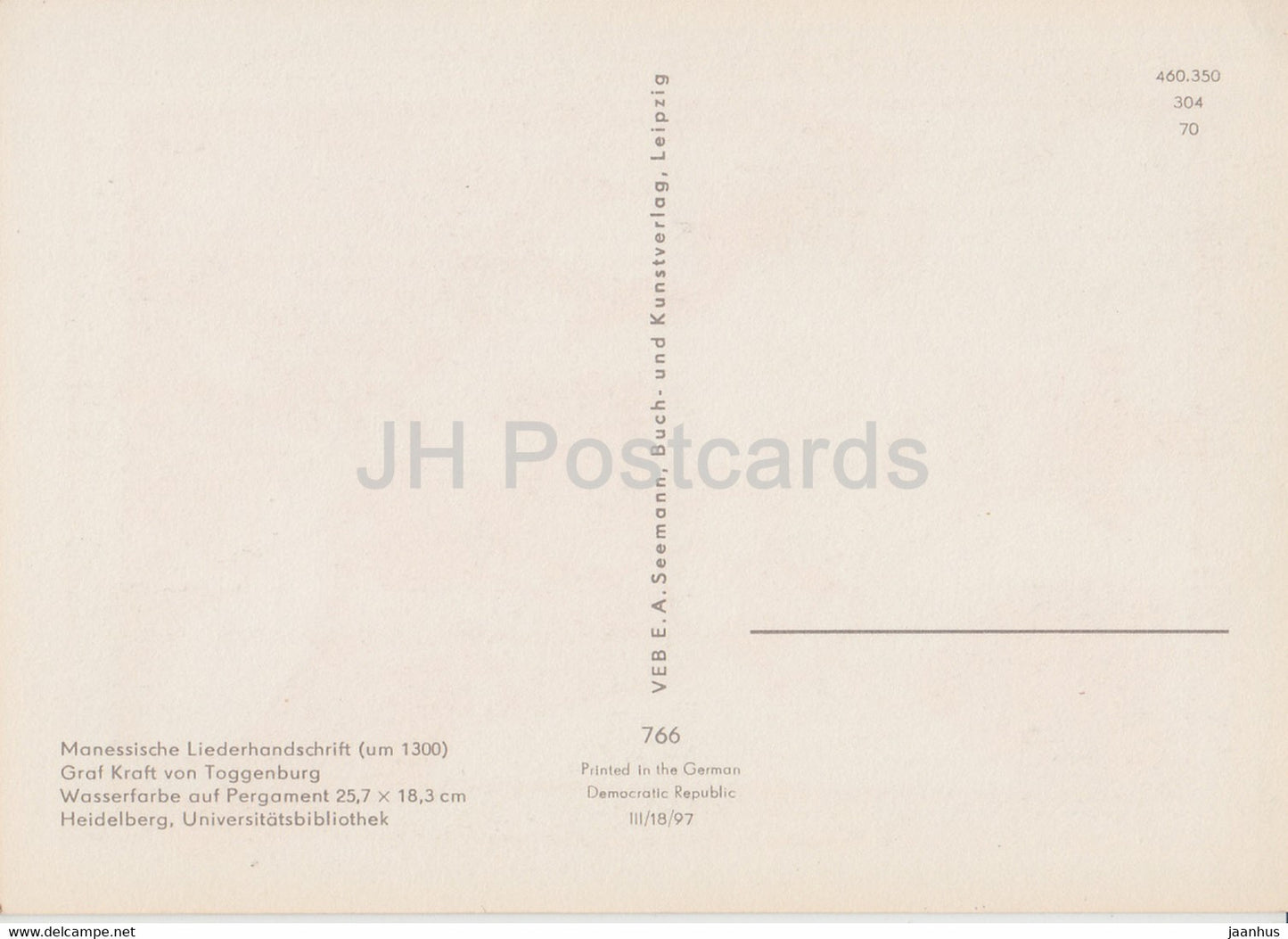 Manessische Liederhandschrift - Graf Kraft von Toggenburg - 766 - illustration - Germany DDR - unused