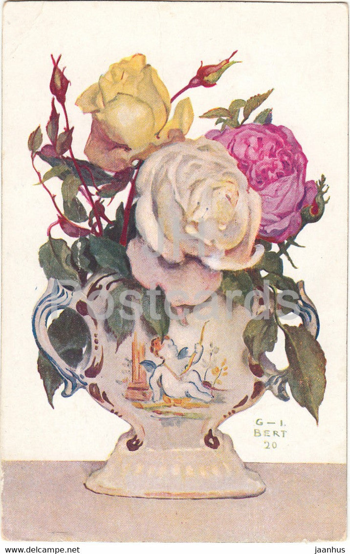 flowers in a vase - roses - G I Bert 20 - 569 Roses - illustration - old postcard - France - used - JH Postcards