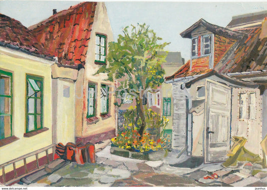 painting by Chacha Scholz - Hinterhof in Altona - Backyard in Altona - art - Germany - used - JH Postcards