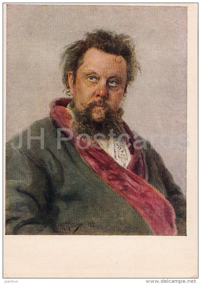 painting by I. Repin - Portrait of Russian composer Modest Mussorgsky , 1881 - Russian art - 1955 - Russia USSR - unused - JH Postcards