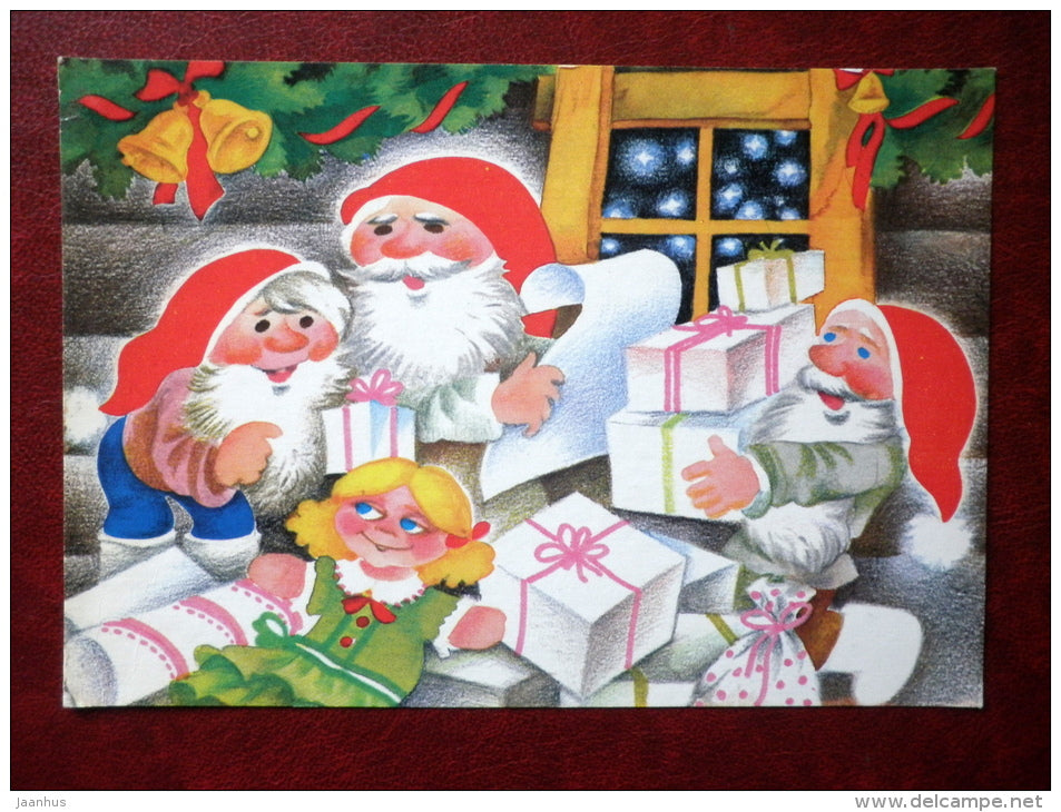 New Year Greeting card - by Ü. Meister - dwarfs - gifts - doll - 1990 - Estonia USSR - used - JH Postcards