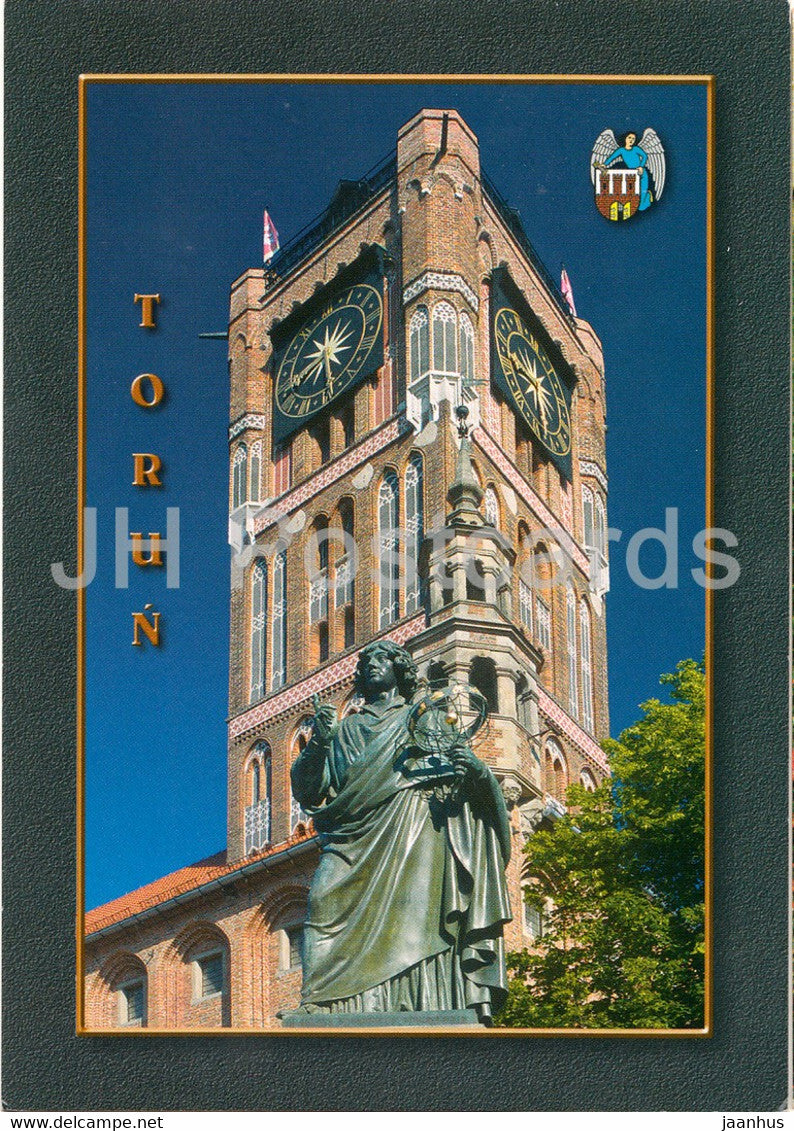 Torun - the monument of Nicolaus Copernicus in the background of the Old Town Hall - Poland - unused - JH Postcards