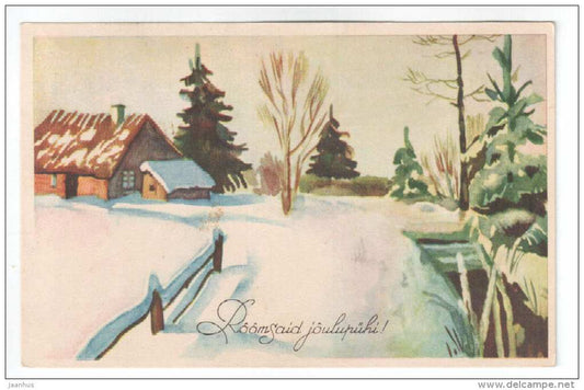 Christmas Greeting Card - farm house - winter - WO 1110 - old postcard - circulated in Estonia - used - JH Postcards