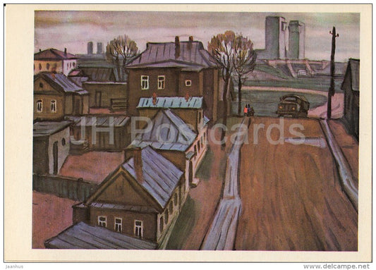 painting by V. Rogachev - Village near Gateway No 1 - Volgo-Balt - Russian art - Russia USSR - 1977 - unused - JH Postcards