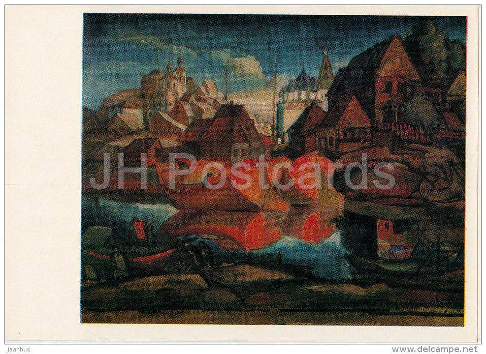 painting by A. Kravchenko - Old Russian Town - Krasnye Strugi , 1916 - Russian art - 1977 - Russia USSR - unused - JH Postcards