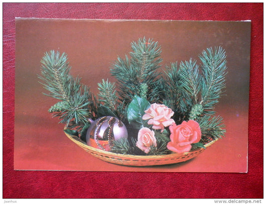 New Year greeting card - decorations - roses - flowers - 1980 - Russia USSR - used - JH Postcards