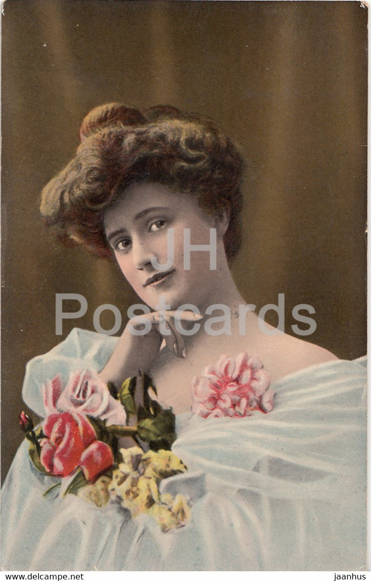 beautiful woman - flowers - 506 - old postcard - 1908 - Germany - used - JH Postcards