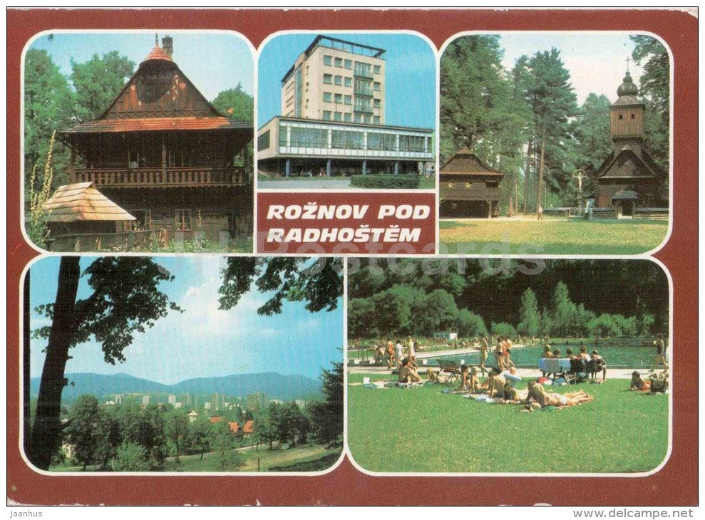 Roznov pod Radhostem - museum - Wallachian Museum - wooden church - swimming pool -  Czechoslovakia - Czech - used 1975 - JH Postcards