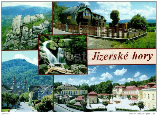 Restaurant Giant barrel - Cerny waterfall - Church of the Visitation in Hejnice - Jizerske Hory - Czech - used 1998 - JH Postcards