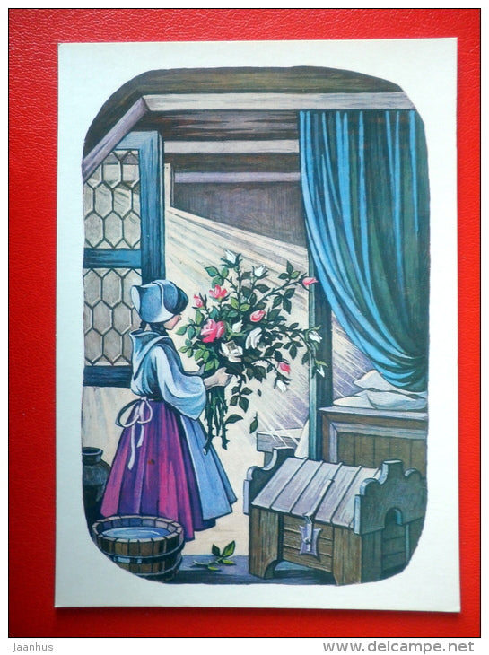 illustration by T. Narskaya - Flowers - Snow-White and Rose-Red by Grimm Brothers - 1985 - Russia USSR - unused - JH Postcards