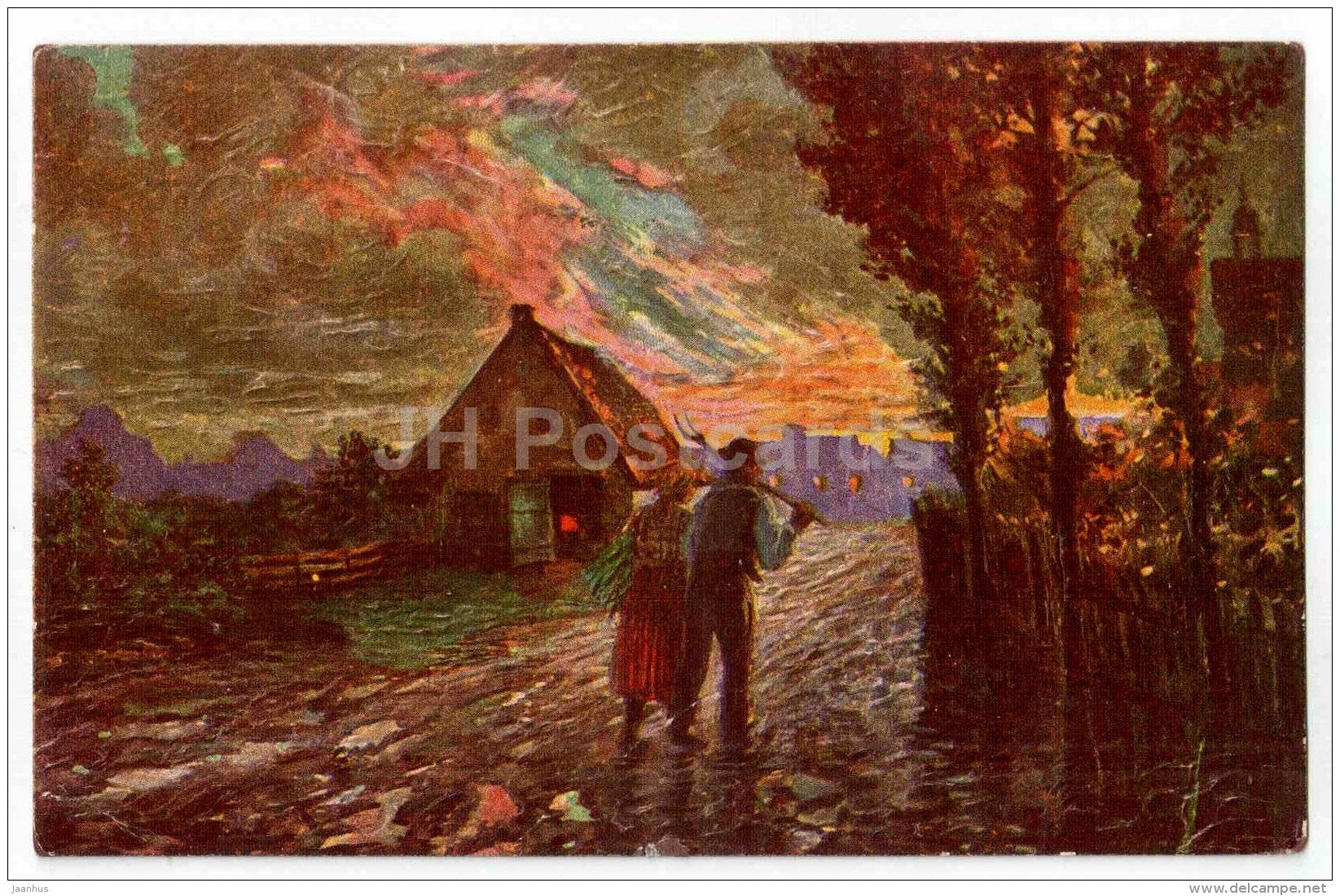 man and woman - farm - illustration - A.S.- M&S - No. 566 - Imita - circulated in Estonia , Tallinna Õpetajate Semina - JH Postcards