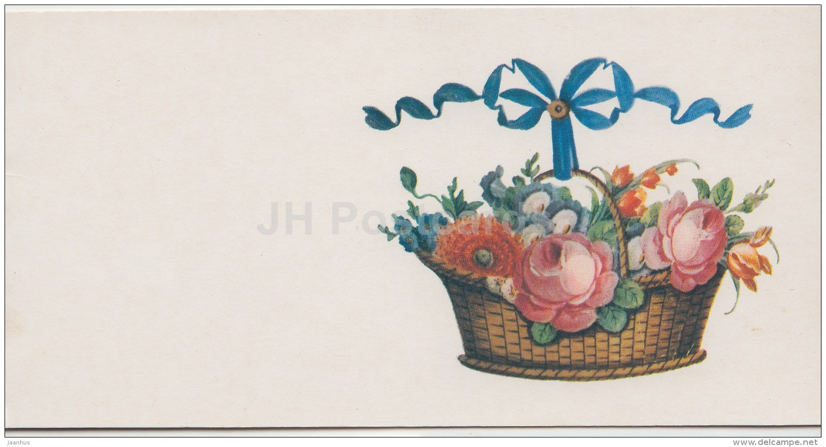 Birthday mini greeting card - Roses in Basket with Band , detail of tea-pot - 1986 - Russia USSR - unused - JH Postcards