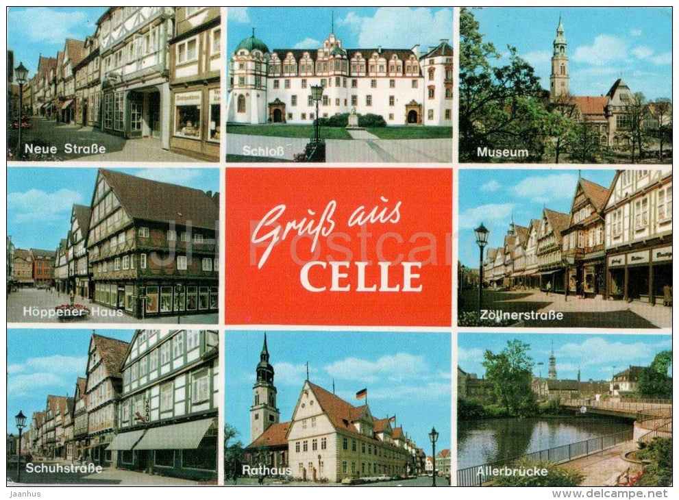 Gruss aus Celle - Herzogstadt - Neue Strasse - Schloss - Schuhsrasee - Rathaus - Museum - 3100 - Germany - 1990 gelaufen - JH Postcards