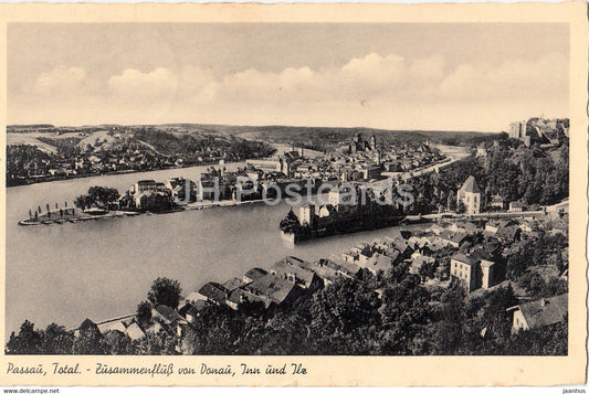 Passau Total - Zusammenfluss von Donau Inn und Ilz - 1 - old postcard - Germany - used - JH Postcards