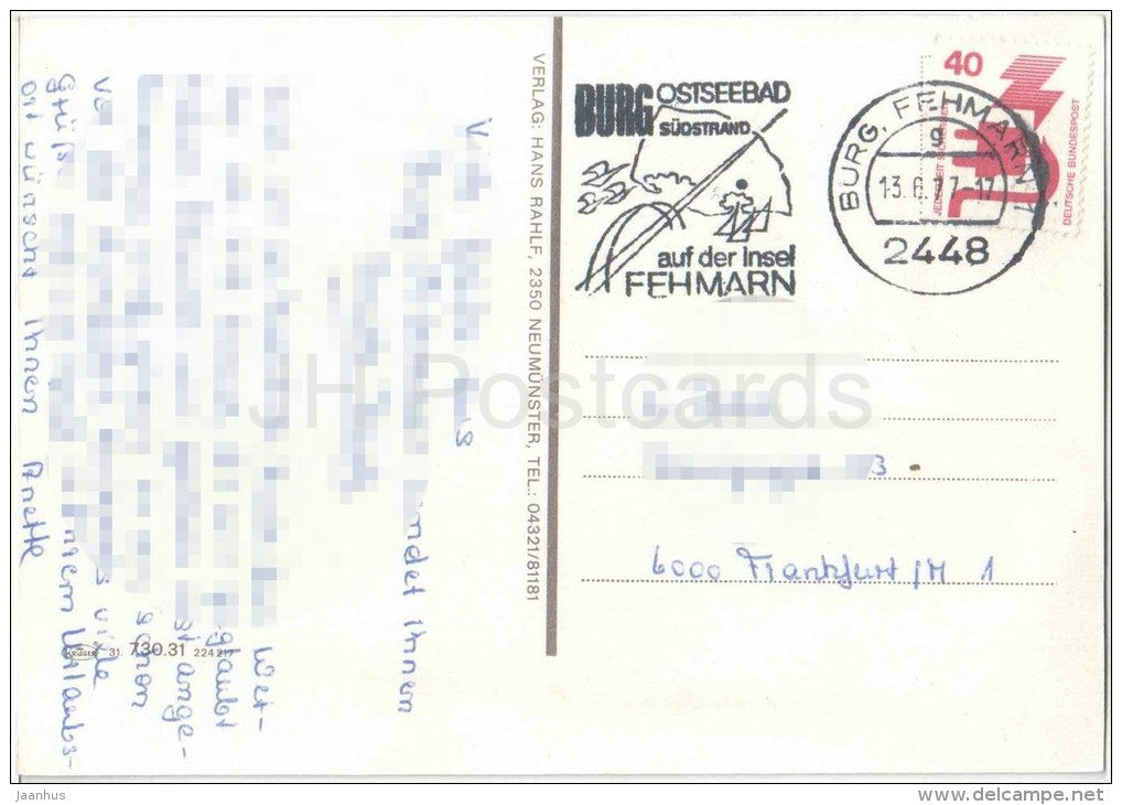 Viele Grüsse von der Ferieninsel Fehmarn an der Vogelfluglinie - Fährbahnhof - Burg - zug - Germany - 1977 gelaufen - JH Postcards