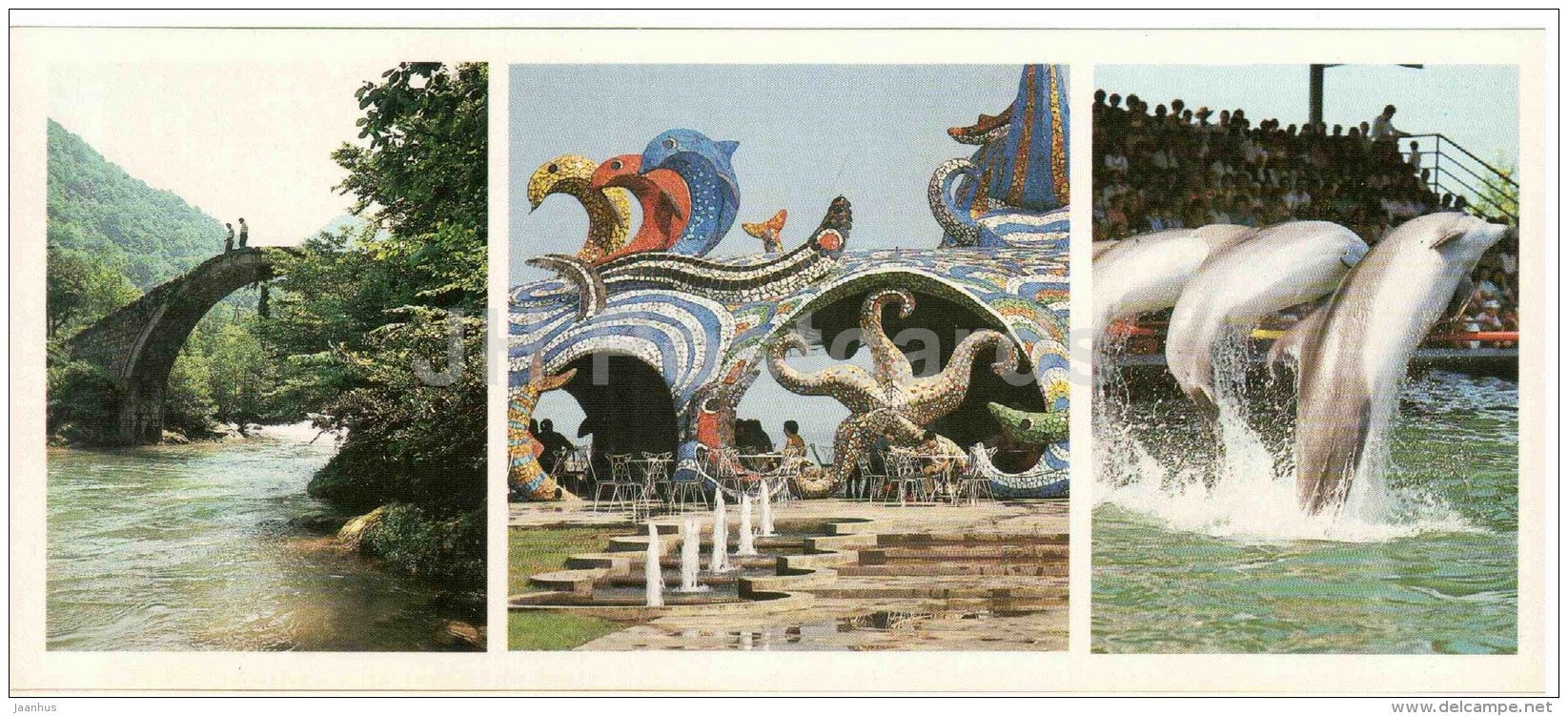 old bridge over Kitrishi river - cafe Fantazia - delfinarium - dolphins - Batumi - Adjara - 1983 - Georgia USSR - unused - JH Postcards