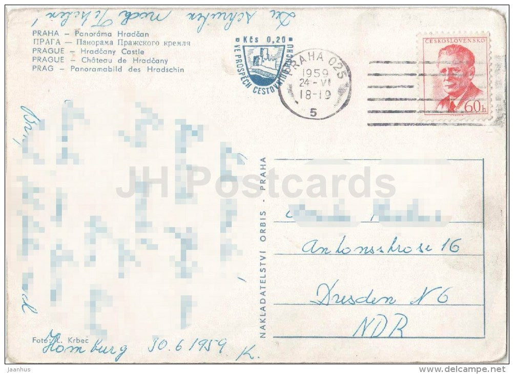 Hradcany Castle - Praha - Prague - Czechoslovakia - Czech - used 1959 - JH Postcards