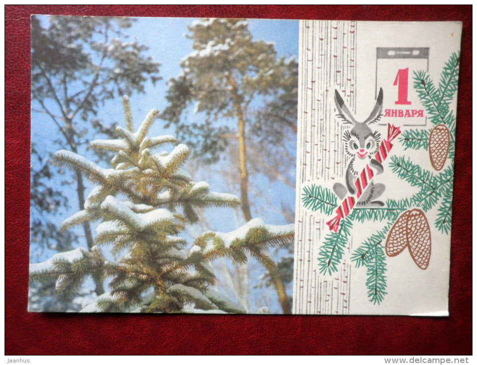 New Year Greeting card - forest - trees - hare - cones - 1969 - Russia USSR - used - JH Postcards