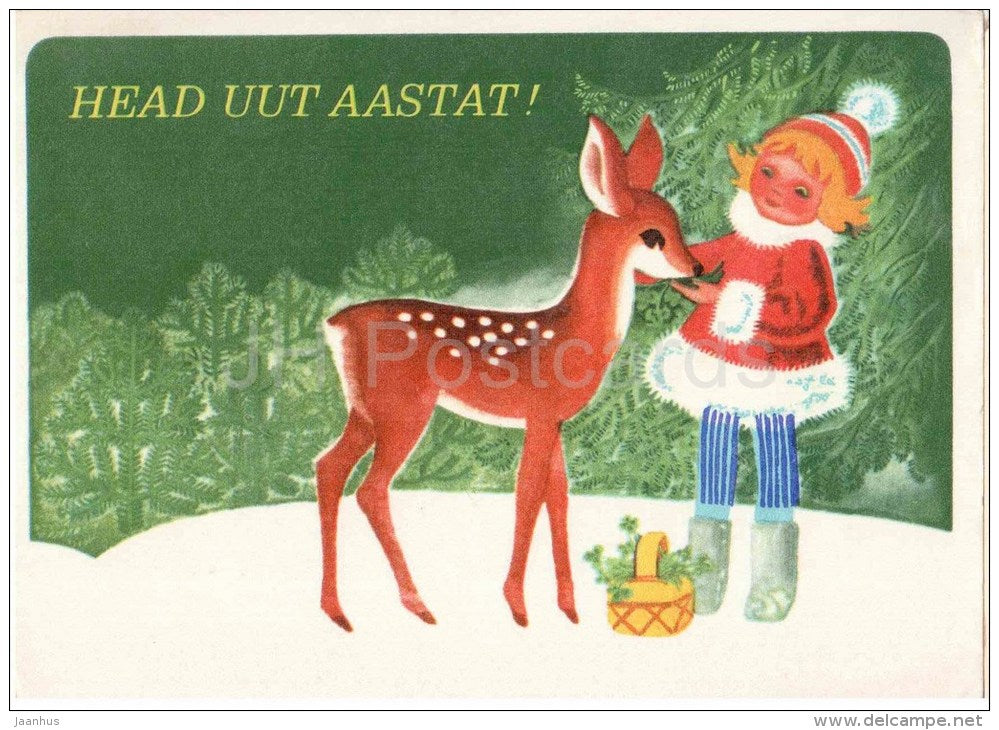 New Year Greeting card by U. Sampu - Roe deer - girl - 1976 - Estonia USSR - used - JH Postcards