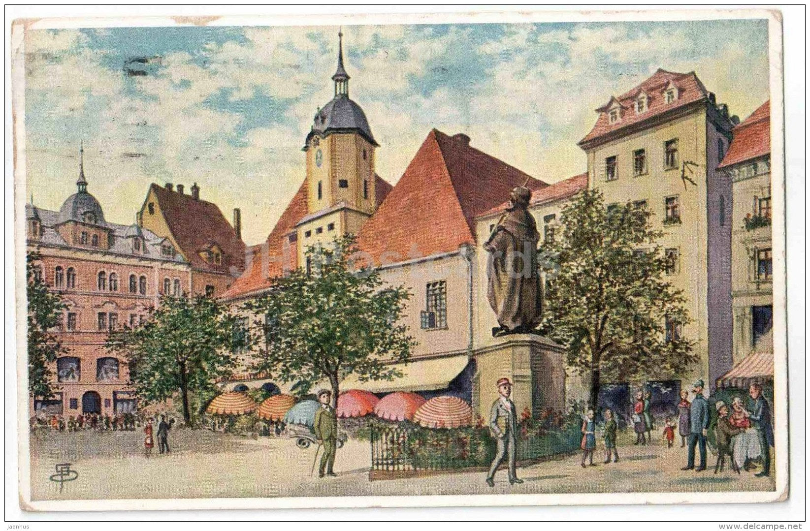 Marktplatz in Jena - illustration - Germany - sent from Germany to Estonia Tallinn 1929 - JH Postcards