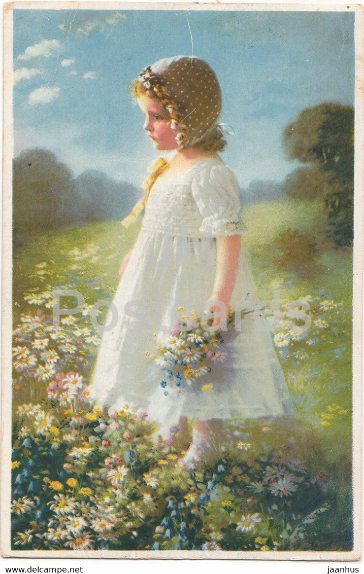 Margaretchen - girl - flower field - illustration - Meissner & Buch - old postcard - 1921 - Germany - used - JH Postcards