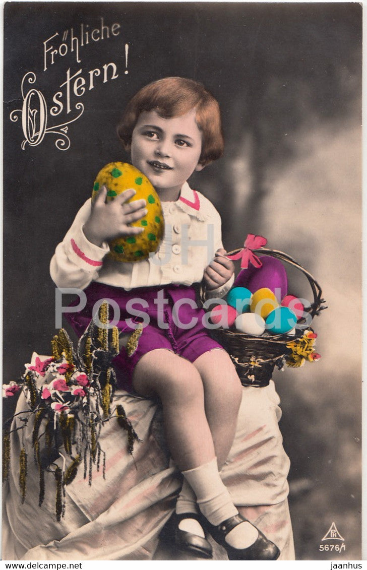 Easter Greeting Card - Frohliche Ostern - boy - eggs - PH 5676/1 - old postcard - 1927 - Germany - used - JH Postcards