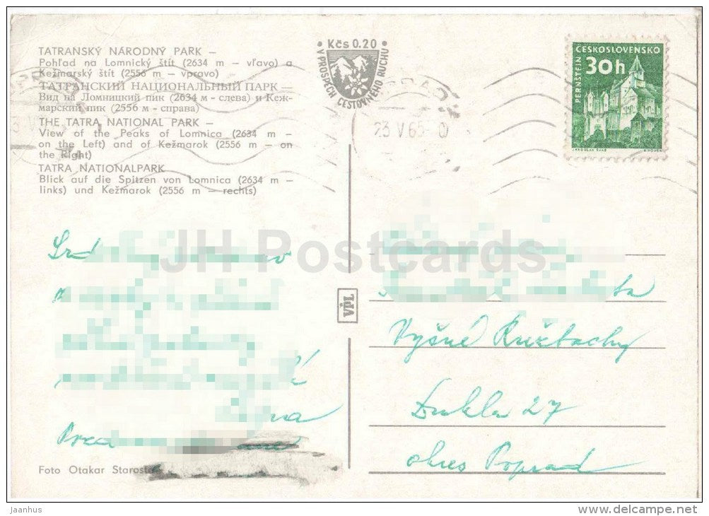 Tatransky Narodny Park - Tatra National Park - Lomnica , Kezmarok peaks - Czechoslovakia - Slovakia - used 1965 - JH Postcards