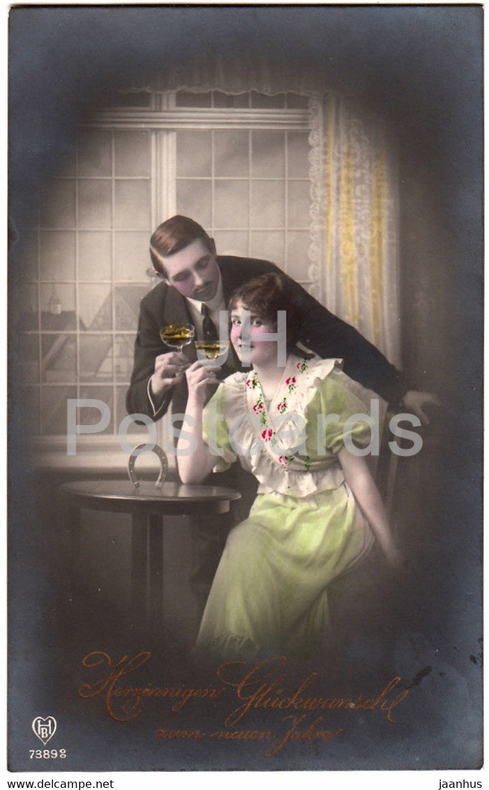 New Year Greeting Card - Herzinnigen Gluckwunsche zum neuen Jahre - couple - HB 73898 - old postcard - Germany - unused - JH Postcards