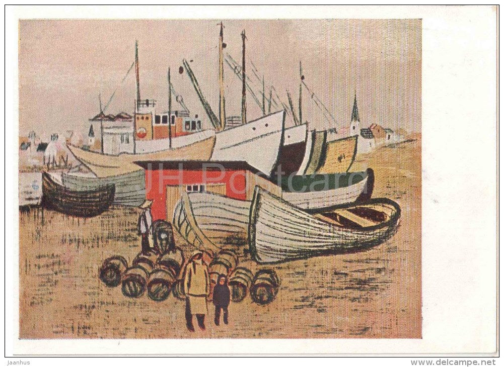 painting by O. Vereysky - Fisherman's town . Iceland , 1958 - fishing boat - russian art - unused - JH Postcards