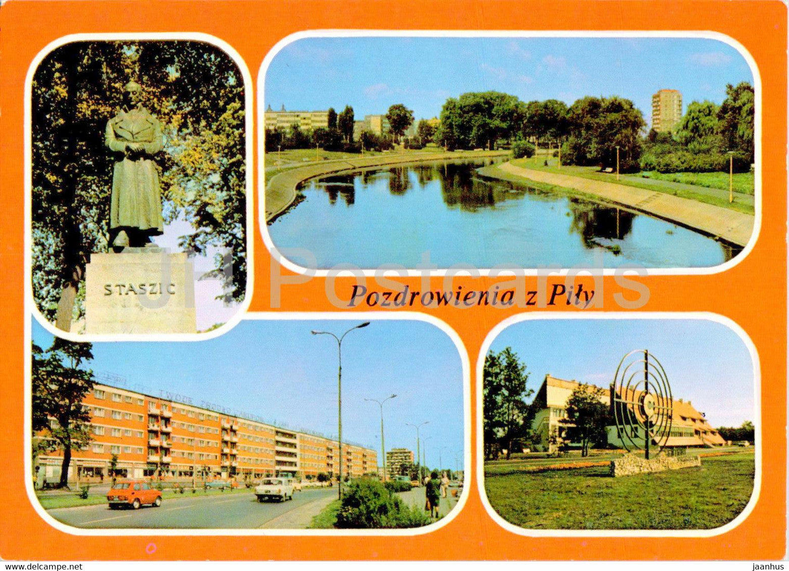 Pila - Pomnik Stanislawa Staszica - Bulwara nad Gwda - Aleja Piastow - monument - alley - multiview - Poland - unused - JH Postcards