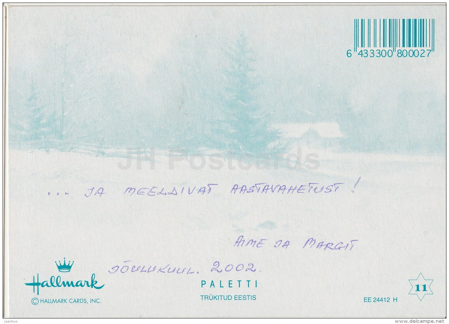 Christmas Greeting Card - christmas bells - Estonia - used in 2002 - JH Postcards