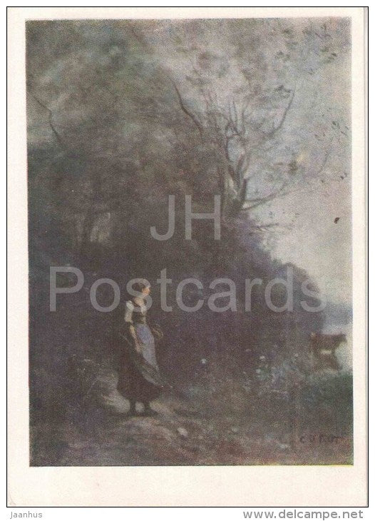 painting by Jean-Baptiste-Camille Corot - Landscape with Cow - woman - french art  - unused - JH Postcards