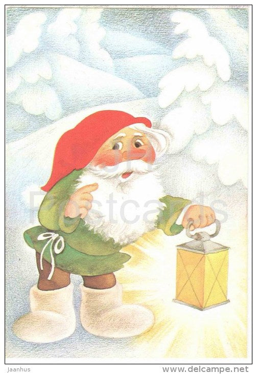 New Year Greeting card by Ü. Meister - dwarf - lamp - 1990 - Estonia USSR - used - JH Postcards