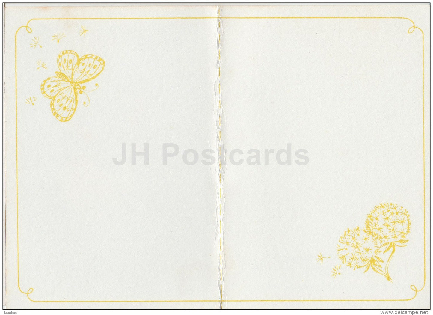 mini birthday greeting card by I. Firsanova - butterfly - dandelion - 1989 - Russia USSR - unused - JH Postcards