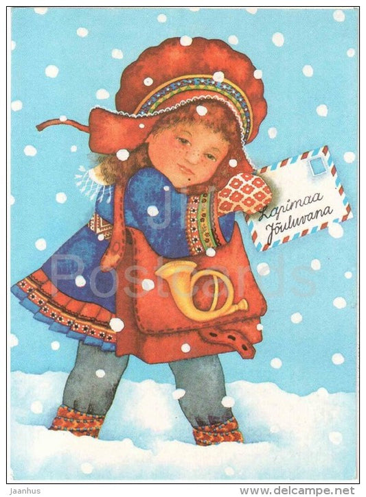 New Year Greeting card by V. Noor - mail carrier - posthorn - 1989 - Estonia USSR - used - JH Postcards