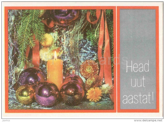 New Year Greeting card - 1 - candle - decorations - flowers - 1976 - Estonia USSR - used - JH Postcards